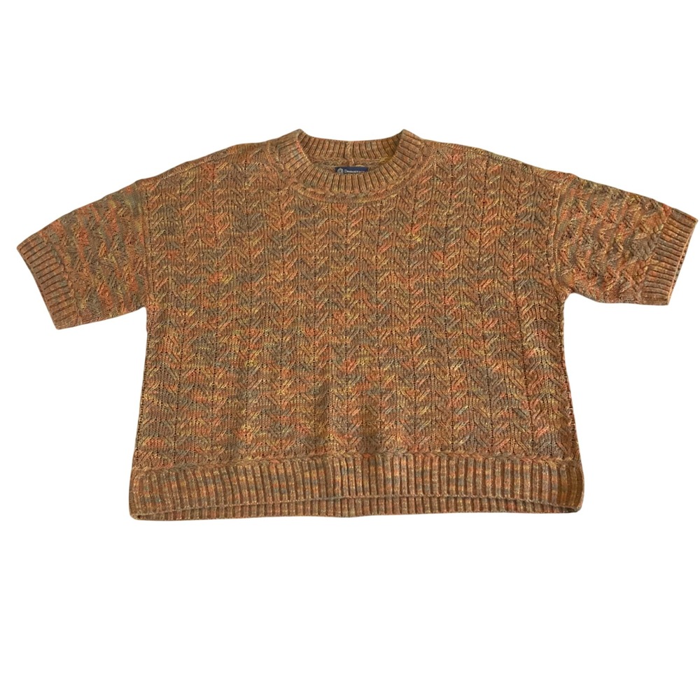 Democracy Sweater Women Large Orange Multi Short Sleeve Chevron Cable Knit